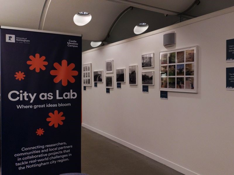 Display of photographs of the meadows at the University of Nottingham's City as Lab