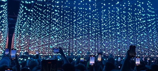 Crowd of people viewing a light show above them