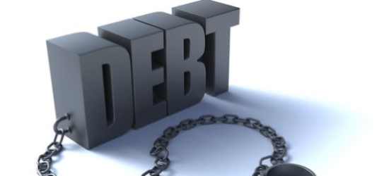 A graphic of the word DEBT with a chain attached to it