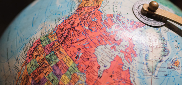 A close up of a globe showing North America
