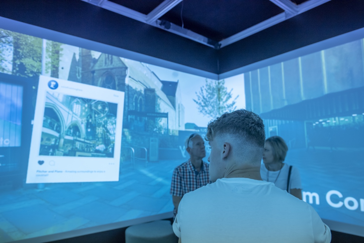 Visitors in the 360 Video Cube, Open Day 2018, Portland Building, University Park