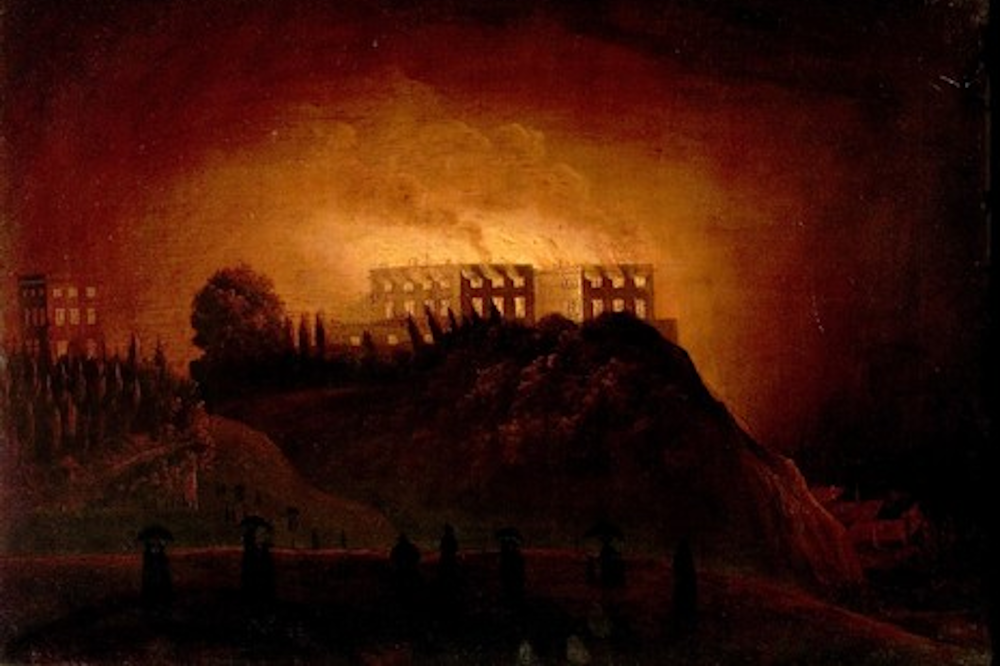 Painting of Nottingham Castle in flames