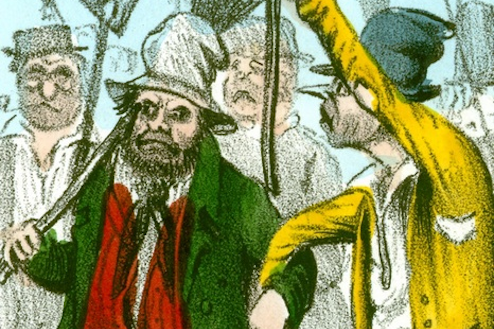 Extract from 1834 cartoon style painting showing trade unionists demonstrating