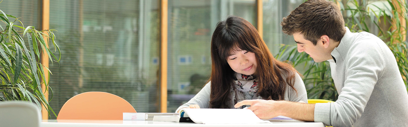 Two students working at a laptop