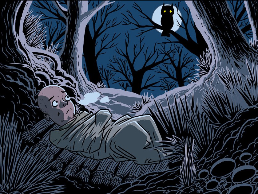 'Sleeping rough' artwork by Matt Brooke. Image of swaddled baby abandoned in a wood with an owl in the tree above, silhouetted by the moon