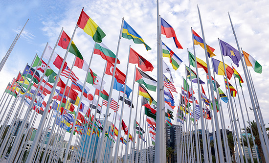 Multiple country flags on poles with blue sky background
