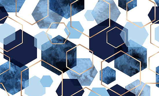 Blue hexigons in recurring pattern on white background