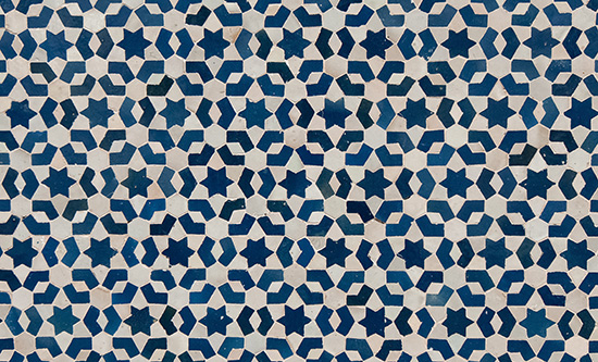 Recurring blue geometric pattern on white background
