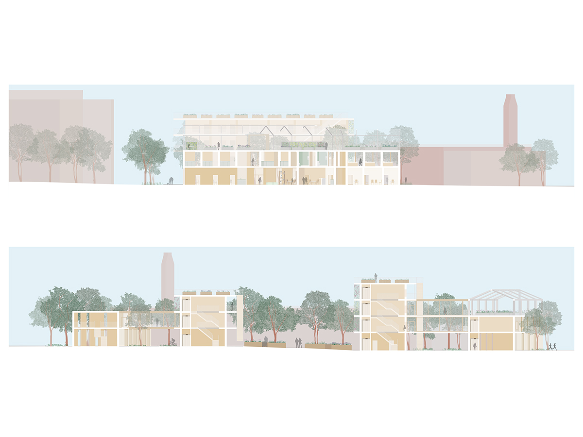 Long section through scheme and short section through first block