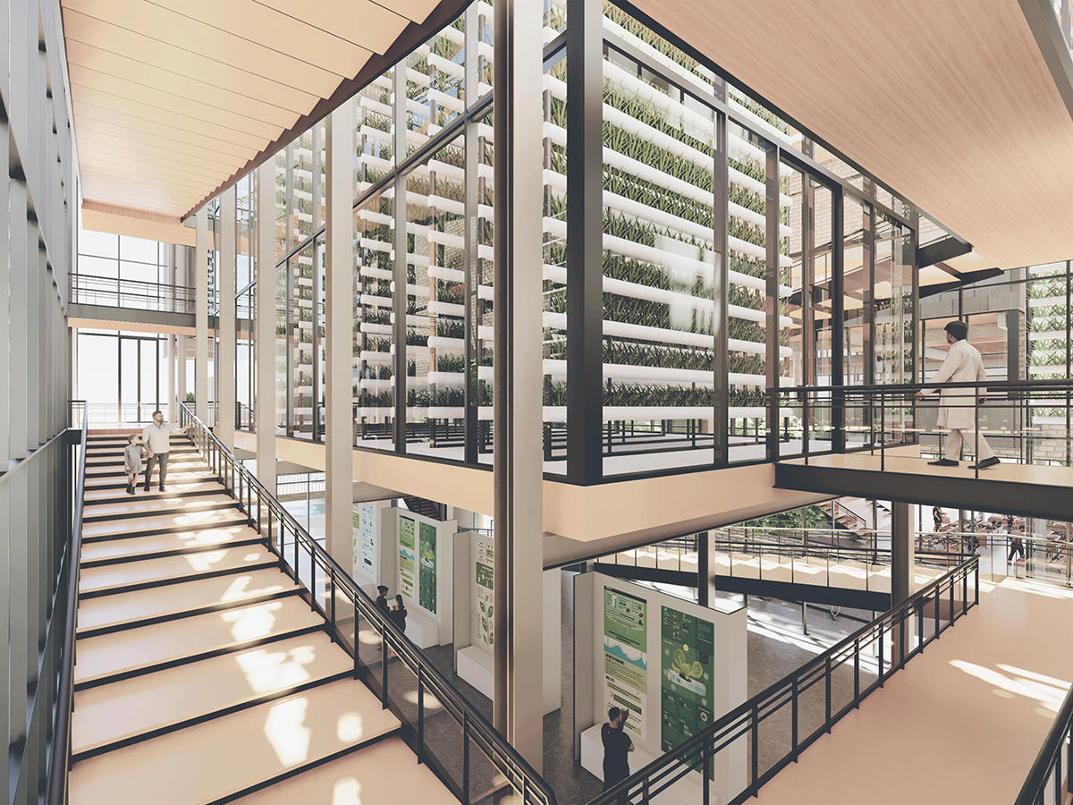 Public circulation wrapping around vertical farm