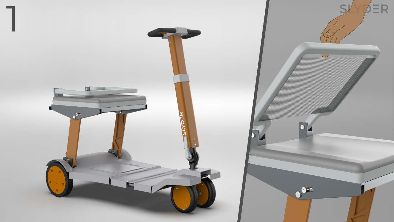 A foldable scooter with a grey frame and orange wheels is shown alongside a close-up of a hand folding down the chair back rest.