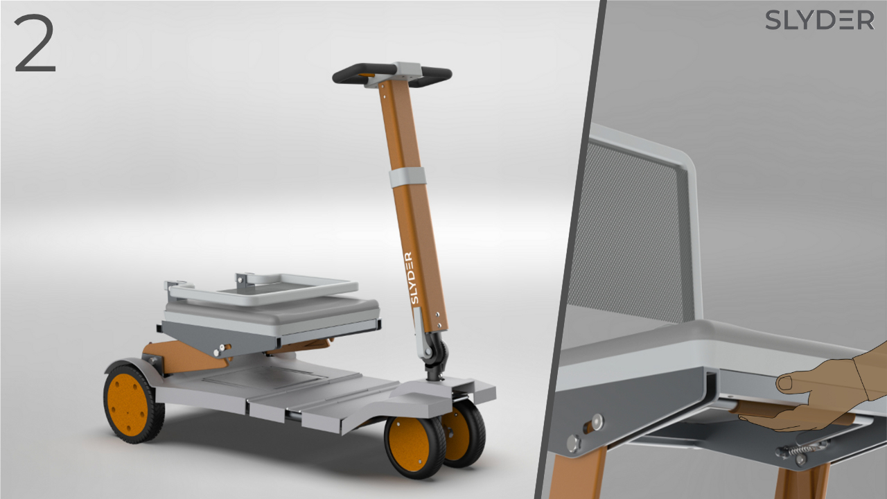 A foldable scooter with a grey frame and orange wheels is shown alongside a close-up of a hand pulling a handle under the seat to release a lock bolt and fold the chair legs.