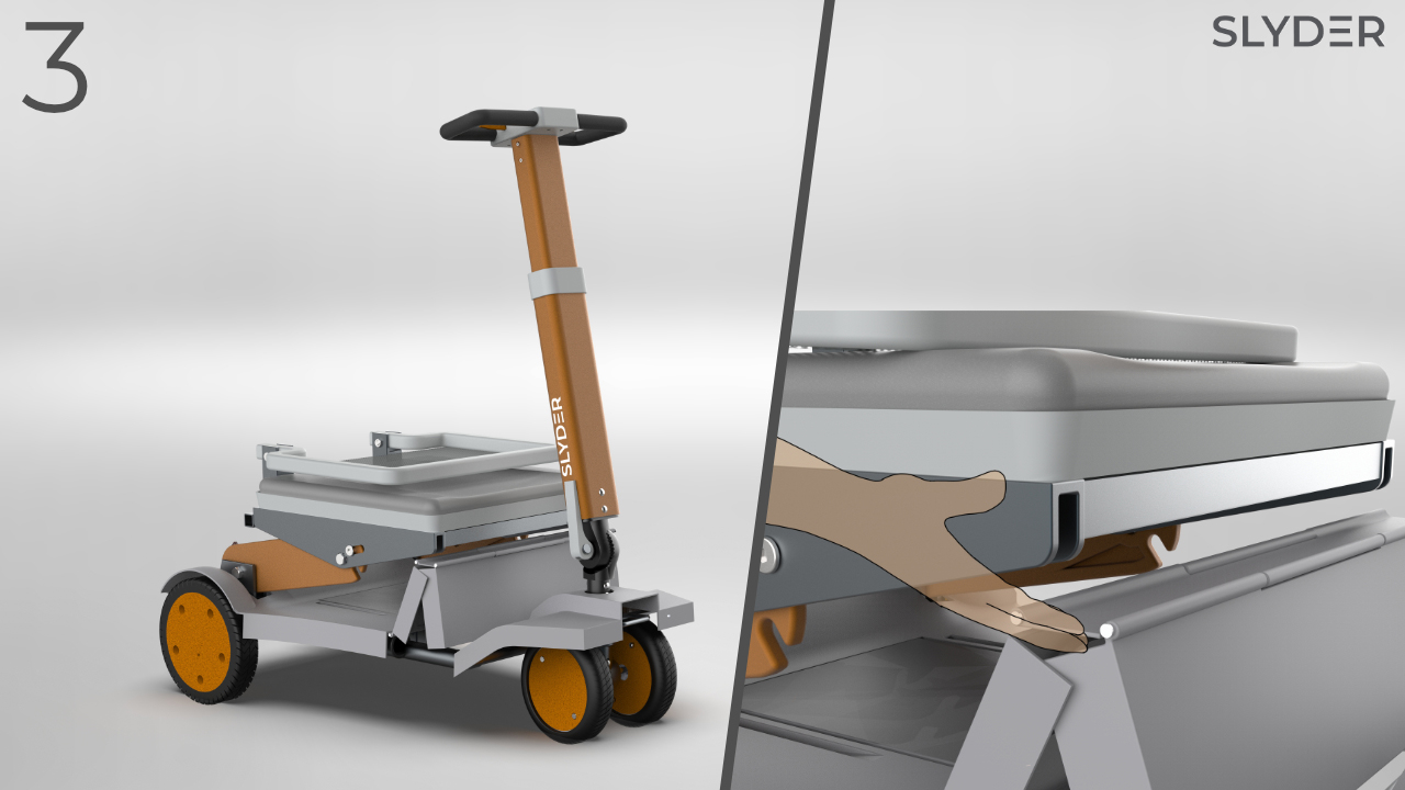A foldable scooter with a grey frame and orange wheels is shown alongside a close-up of a hand lifting up the centre folding panel on the base to compact the frame