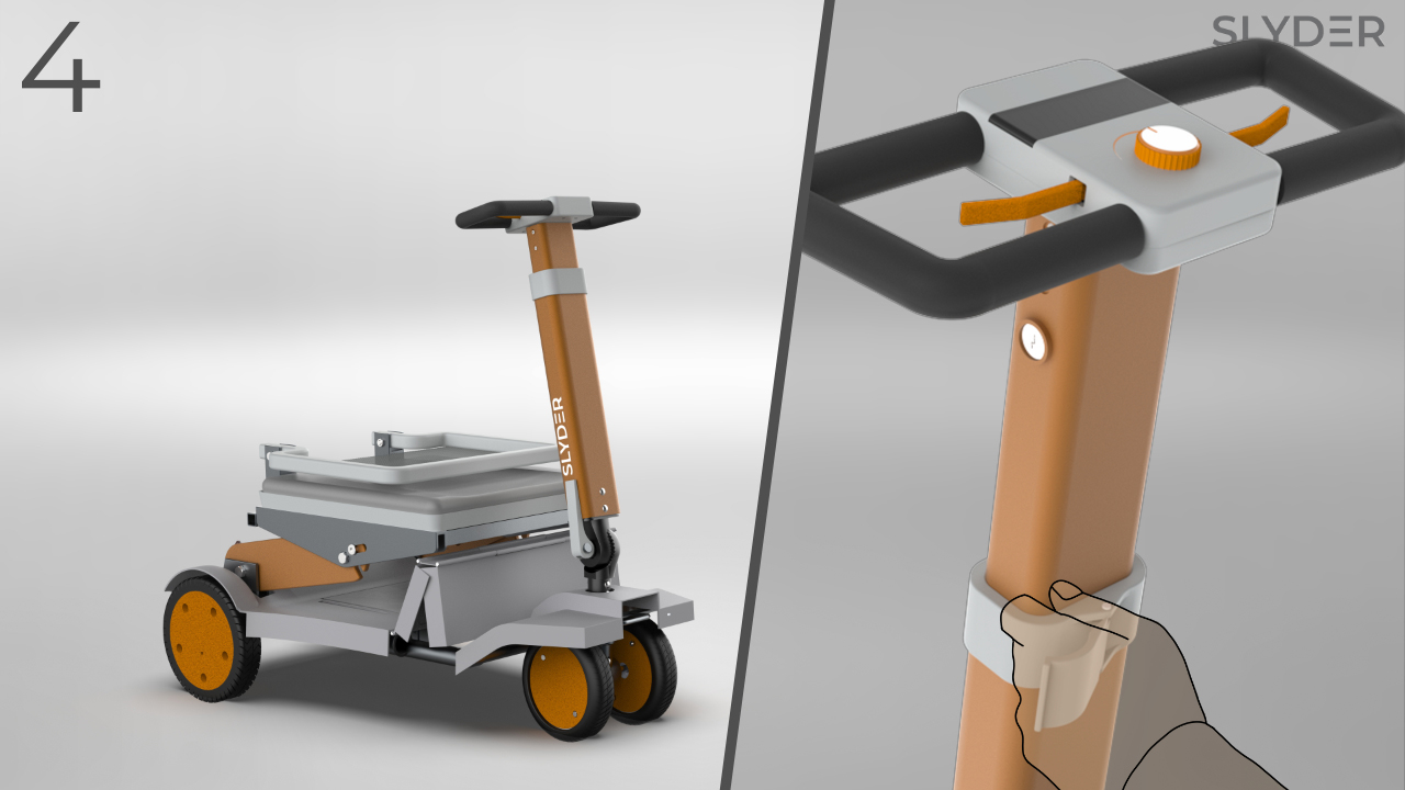 A foldable scooter with a grey frame and orange wheels is shown alongside a close-up of a hand unclipping a clamp on the steering post to compact it.