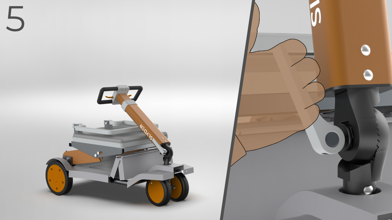 A foldable scooter with a grey frame and orange wheels is shown alongside a close-up of a hand unclipping a clamp handle to fold down the tiller.