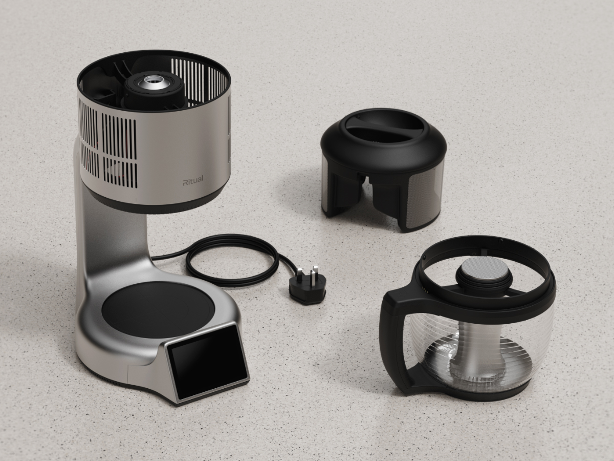 Product disassembled into 3 sub-assemblies (stand/upper body, roast chamber, lid/tray).
