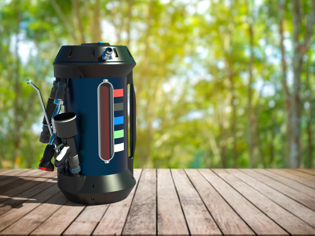 Front view of Flextinguish on wooden decking with a forest backdrop