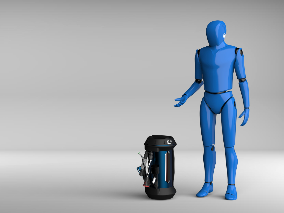 A blue model stood next to Flextinguish