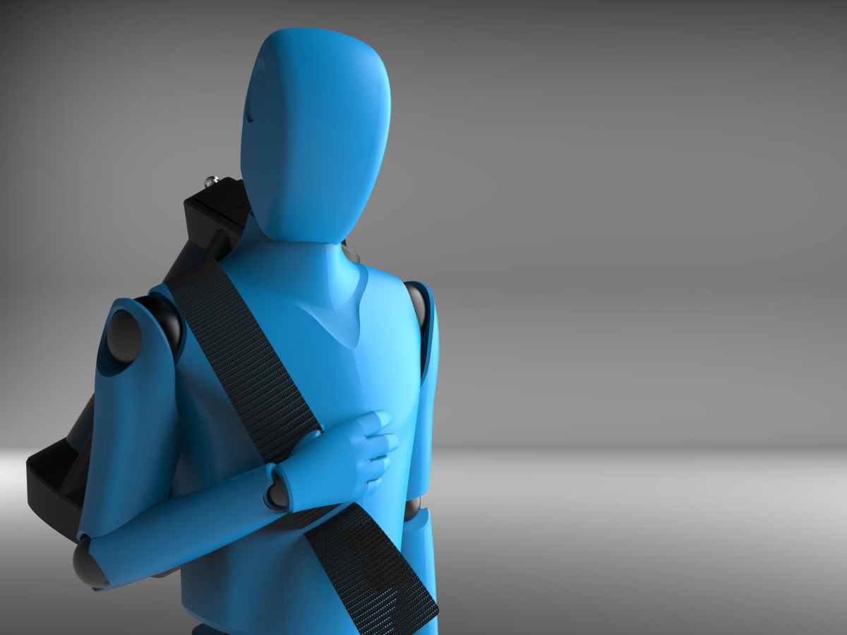 A blue model with Flextinguish strapped to it’s back