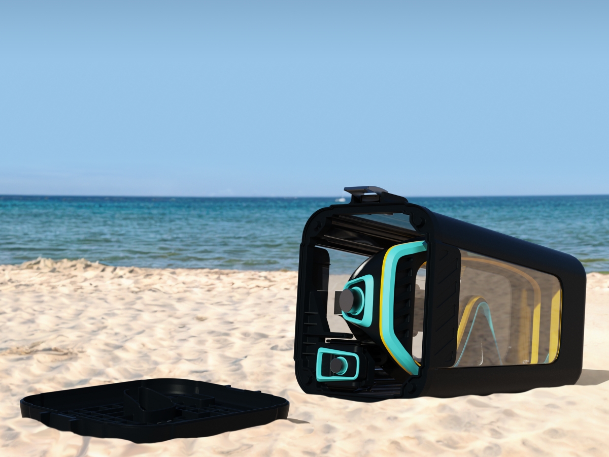 The scuba goggles inside the case