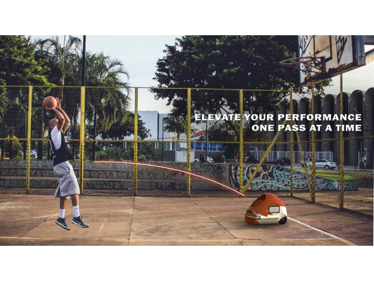 View of SWISH on a basketball court with the player