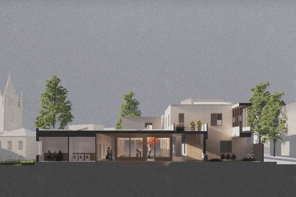 Architecture drawing of the outside of a building.