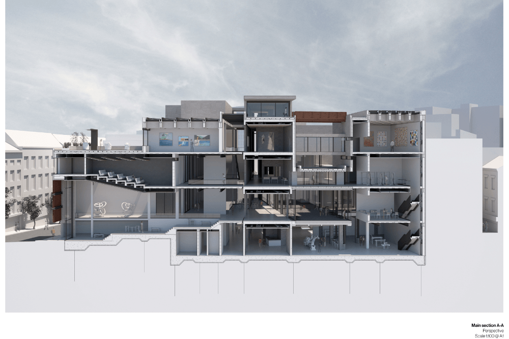 Architecture drawing of the outside of a building.