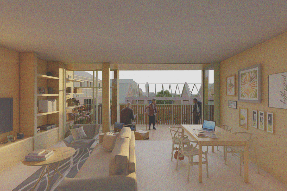 Architecture drawing of an apartment with a person in there.