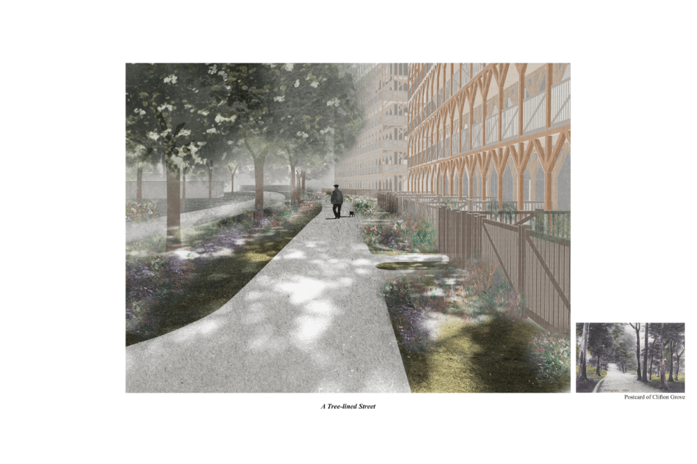 Architecture drawing of a view of a street with houses.