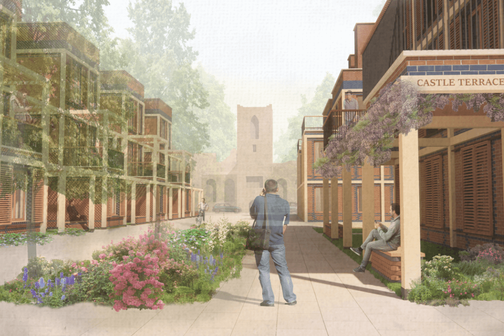 Architecture drawing of a garden with a person stood there.