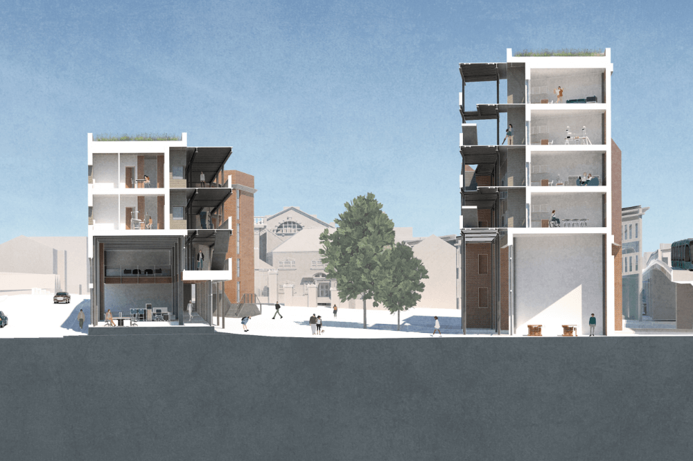 Architecture drawing of two buildings in a street.