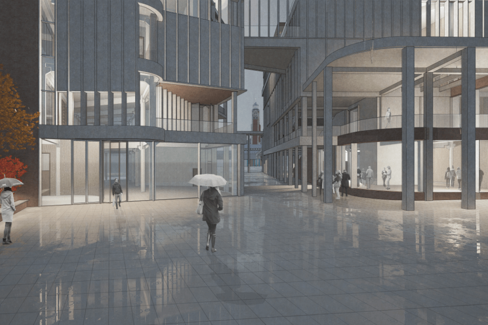 Architecture drawing of buildings at night.