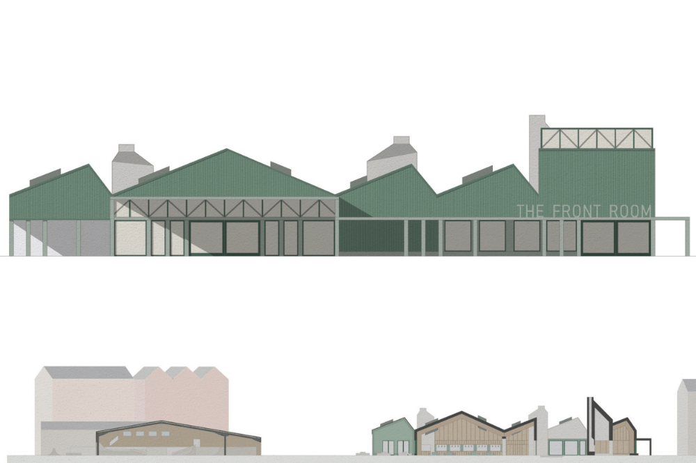 Architecture drawing of the outside of a building.