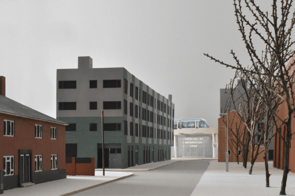 Architecture drawing of a street view, with houses and building there.