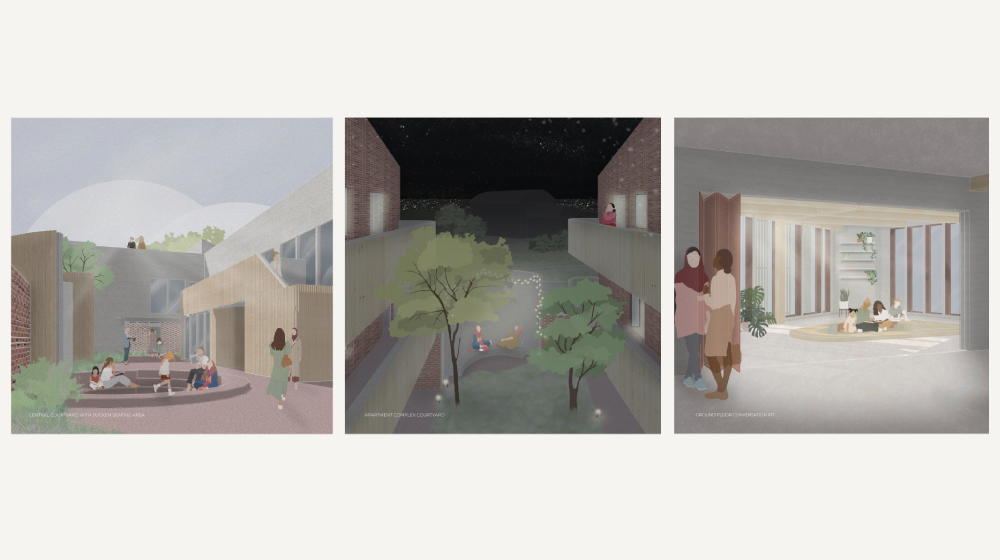 Three side-by-side drawings showing a visual representation of what the space may look like, the first shows an outdoor space in the day, the second shows another outdoor area at night, and the third shows an indoor space