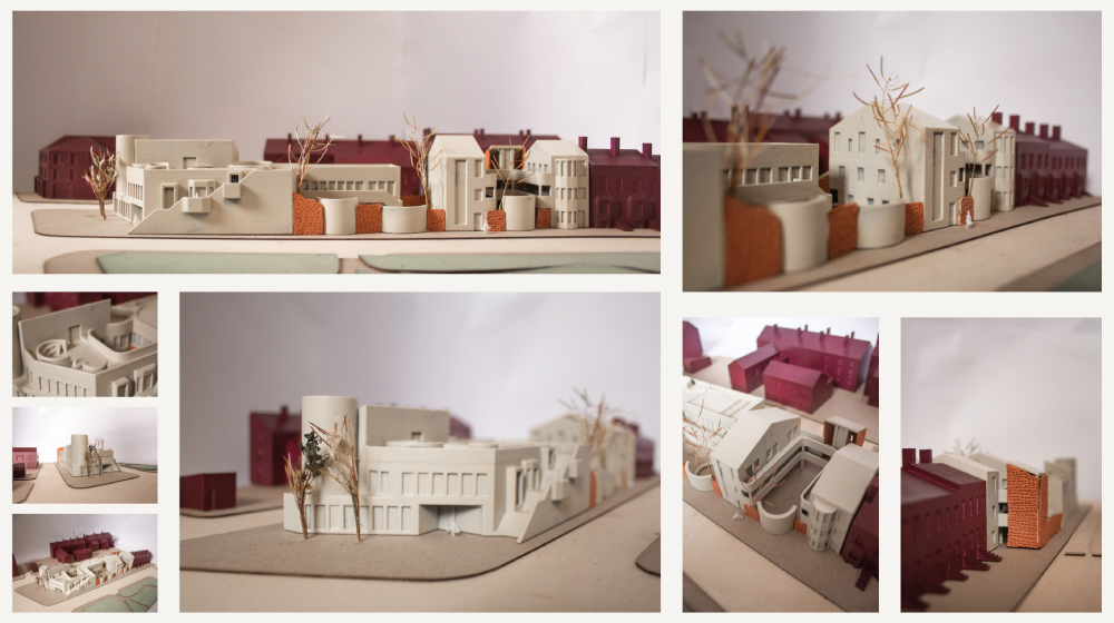 A collection of photos of a 3D model of the support centre from different angles