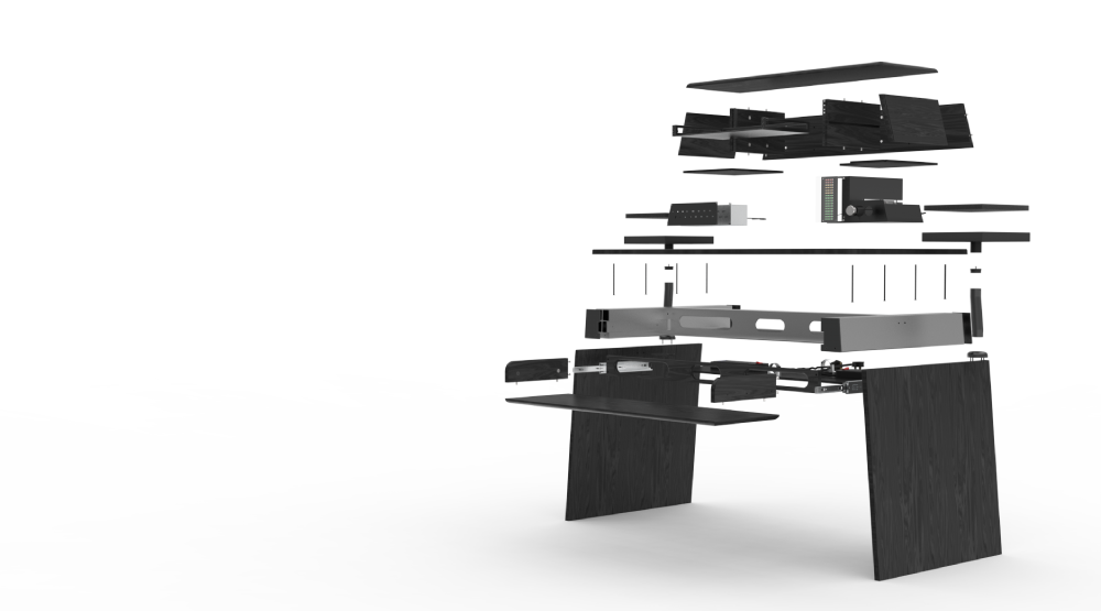 Rooted image 6 a tilted side view showing the various component parts of the workstation