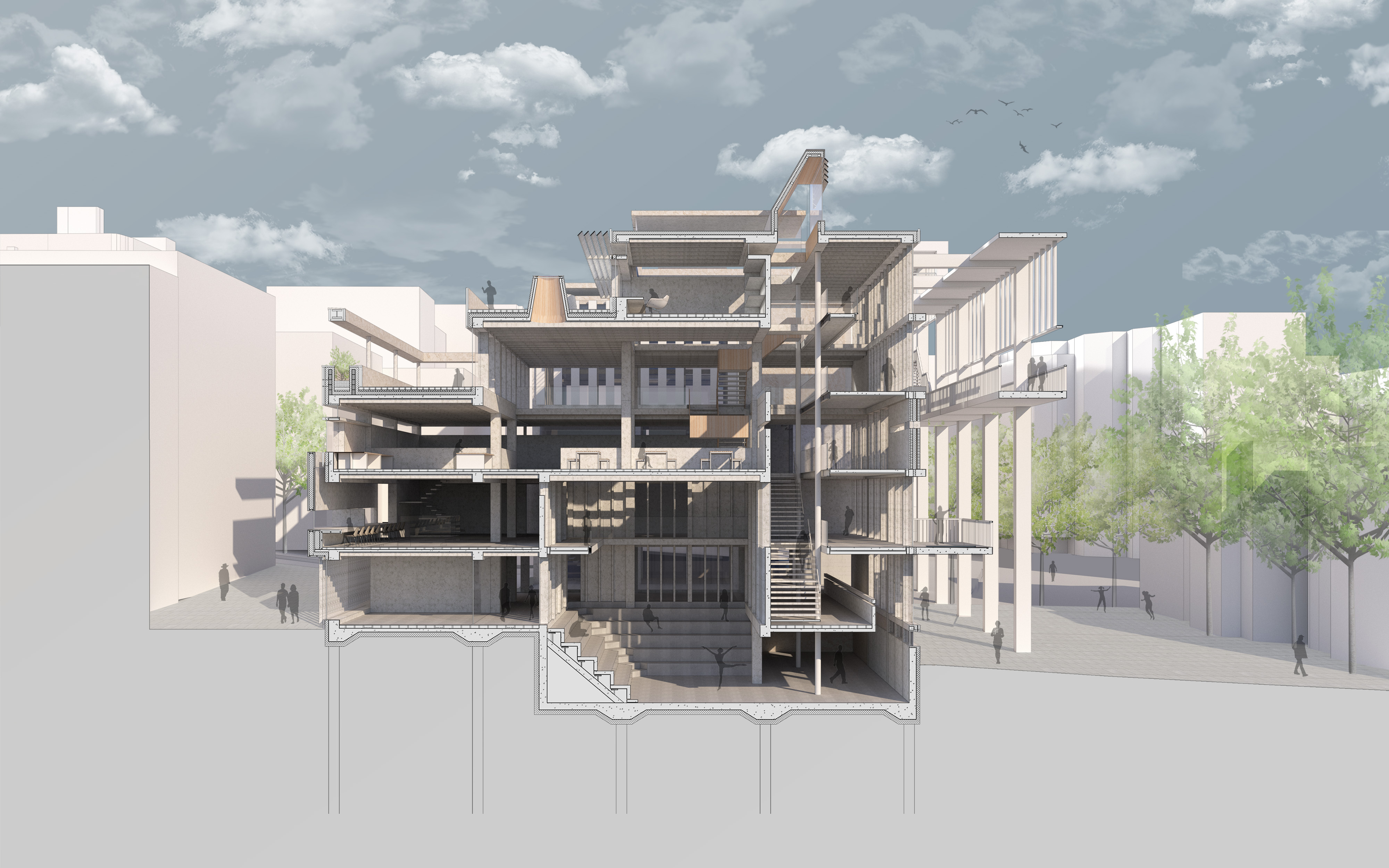 Perspective detailed section of building