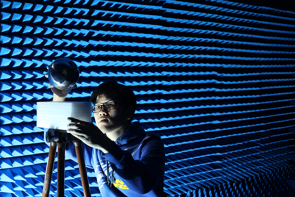 Student working in an anechoic chamber.