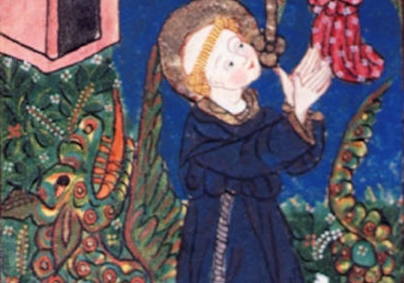 A medieval illustration of a person praying.