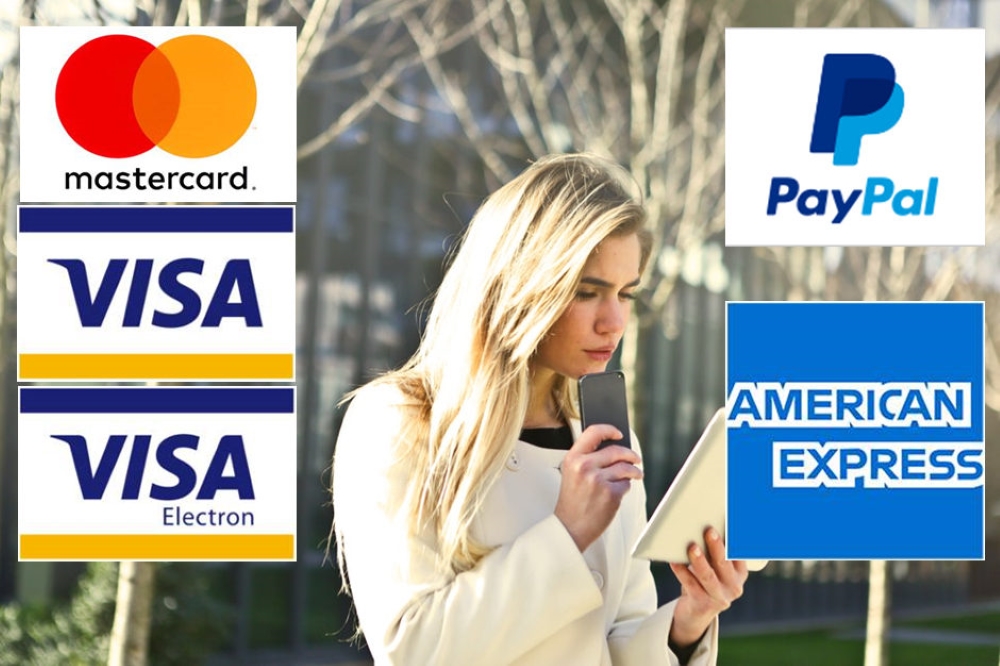 Mastercard, Visa (express), American Express, PayPal with background image of a woman holding a white wireless device