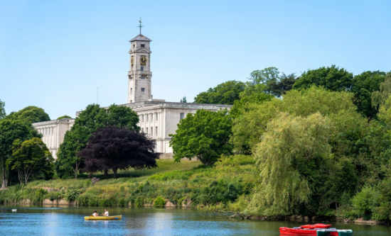 Photo of Trent building over highfields park lake on University Park Campus.