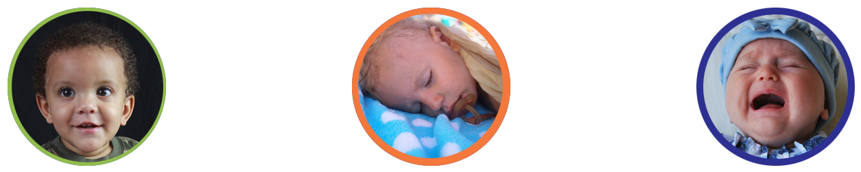 A child smiling, a child sucking and a child crying