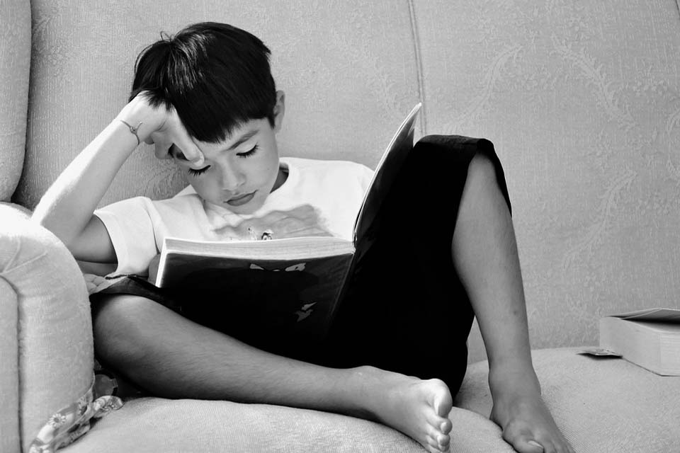 A boy reading on a sofa