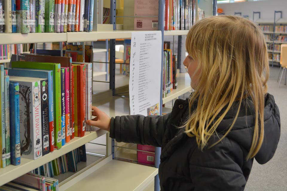 Girl pulling a book from a bookshelf