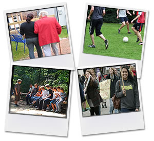 Four images of young people helping with the elderly and playing in their local communities.