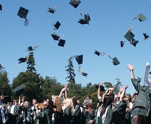 University graduation ceremony, mortar boards are thrown into the sky by graduating students.
