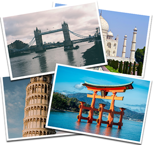 Various images of cultural iconic landmarks, e.g. Tower bridge in London U.K., the Taj Mahal in Agra India or the leaning tower in Pisa Italy.