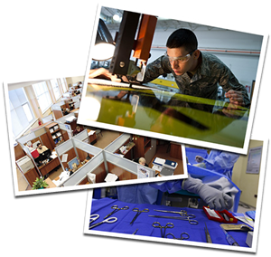 Four images representing the world of work including a young person working in a factory.