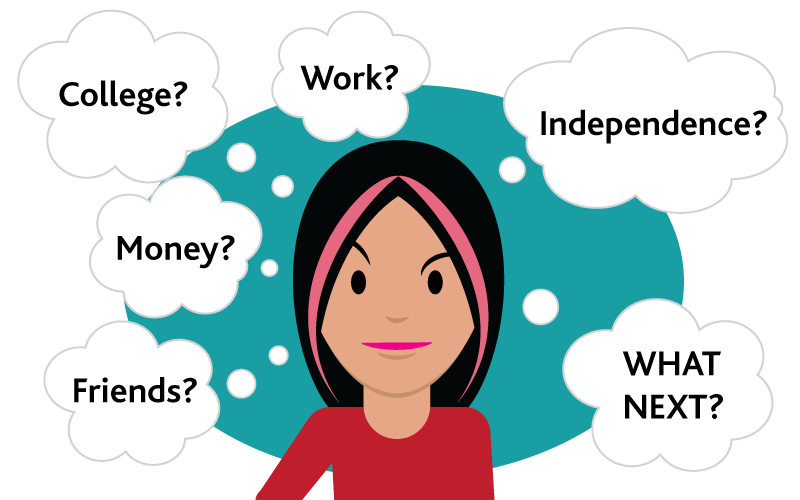 A graphic of a girl surrounded by speech bubbles.